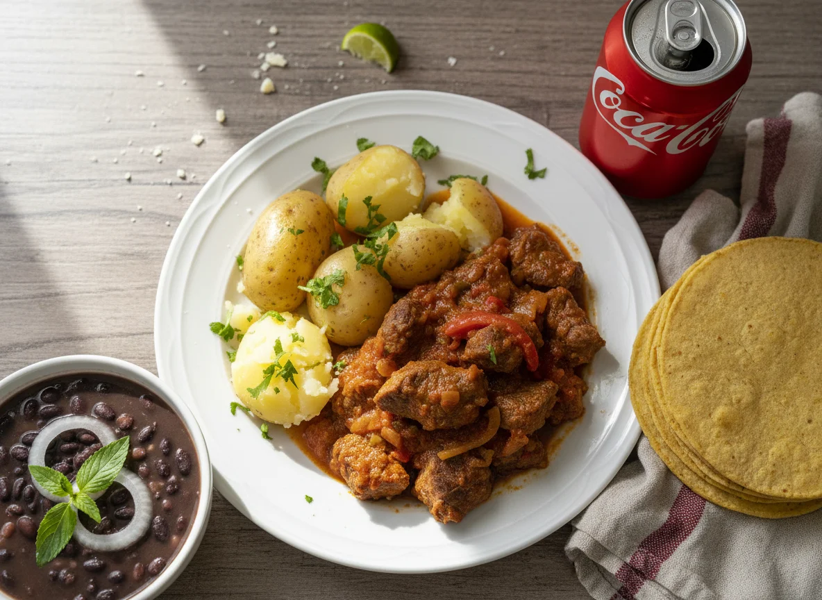 Plato de carne con papas y frijoles con tortillas y refresco photo