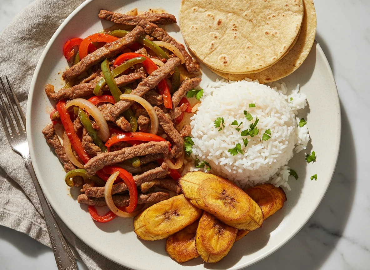 Plato de carne con plátano frito y arroz photo
