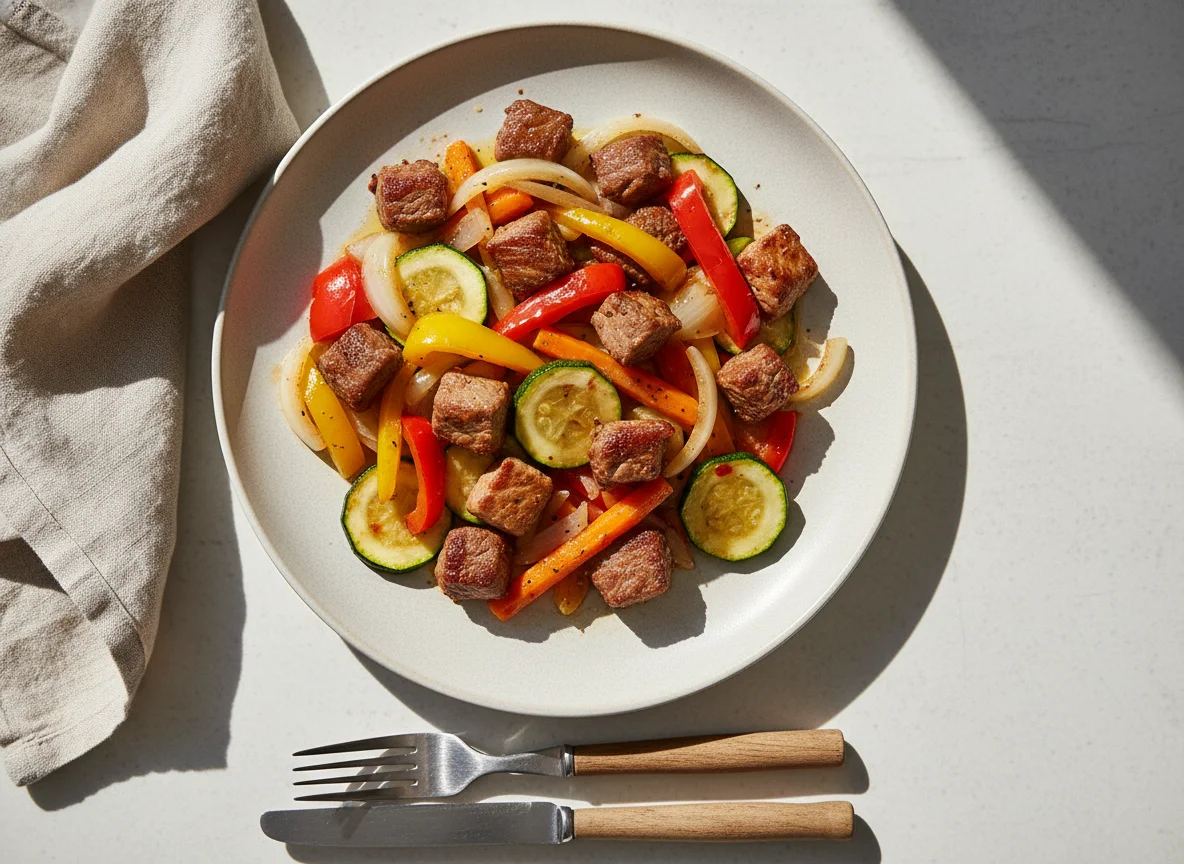 Plato de carne con verduras salteadas photo