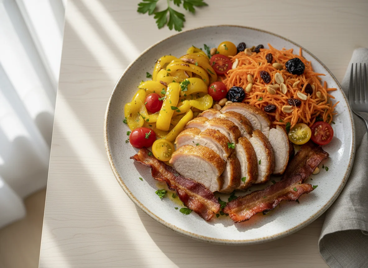 Plato de carne con verduras y ensalada de zanahoria photo