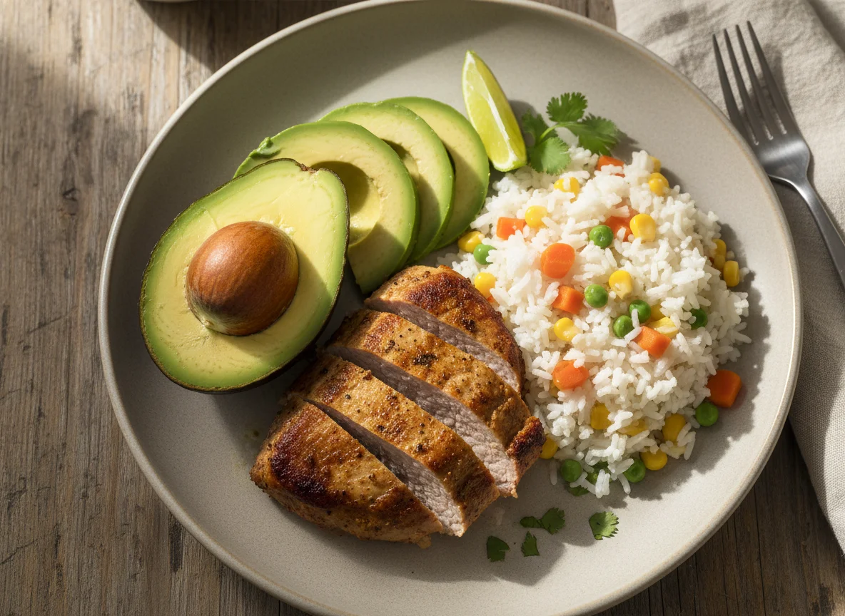 Plato de carne de cerdo con aguacate y arroz con vegetales photo