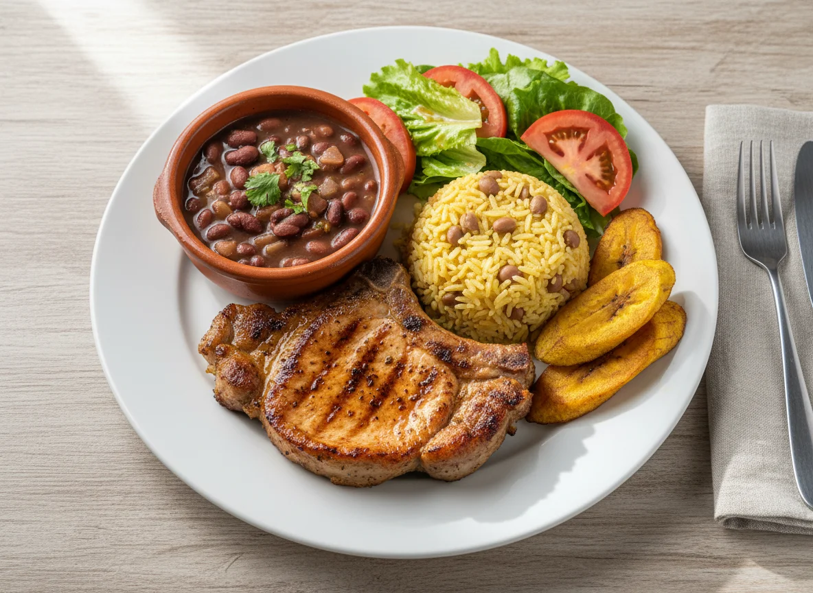 Plato de carne de cerdo con arroz, frijoles y plátano photo