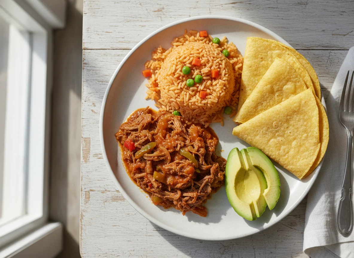 Plato de carne deshebrada con arroz y tortilla photo
