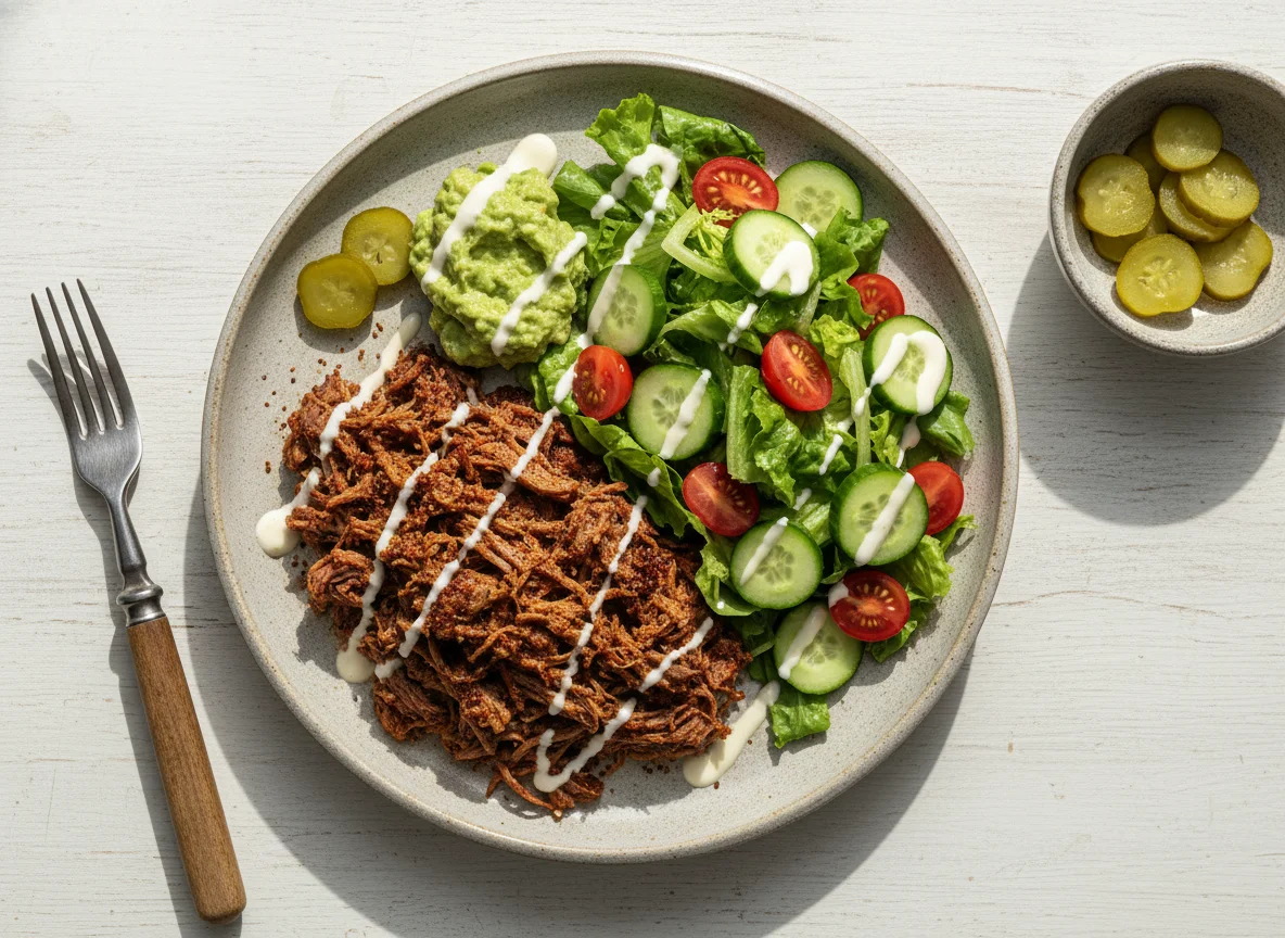 Plato de carne deshebrada con ensalada y pepinillos photo