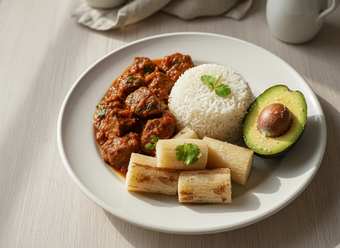 Plato de carne en salsa con arroz, aguacate y yuca photo