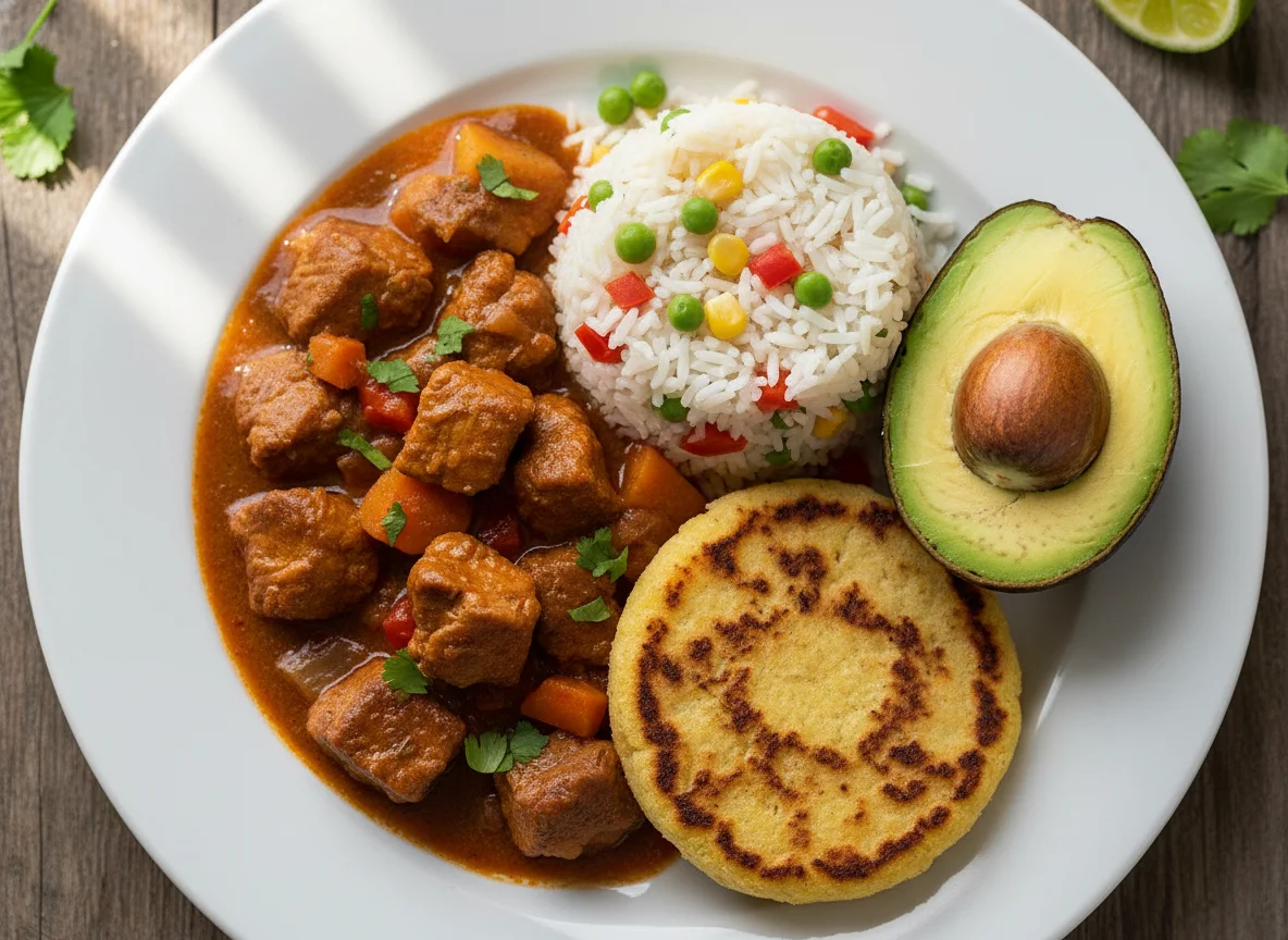 Plato de carne guisada con arroz, aguacate y arepa photo