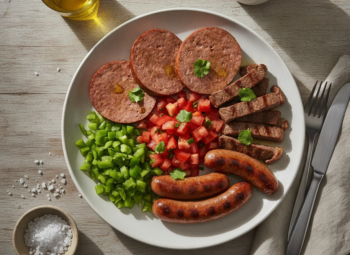 Plato de carne mixta con pimiento y tomate photo