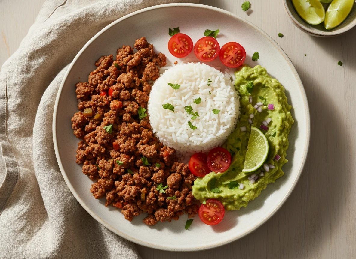 Plato de carne molida con arroz y guacamole photo