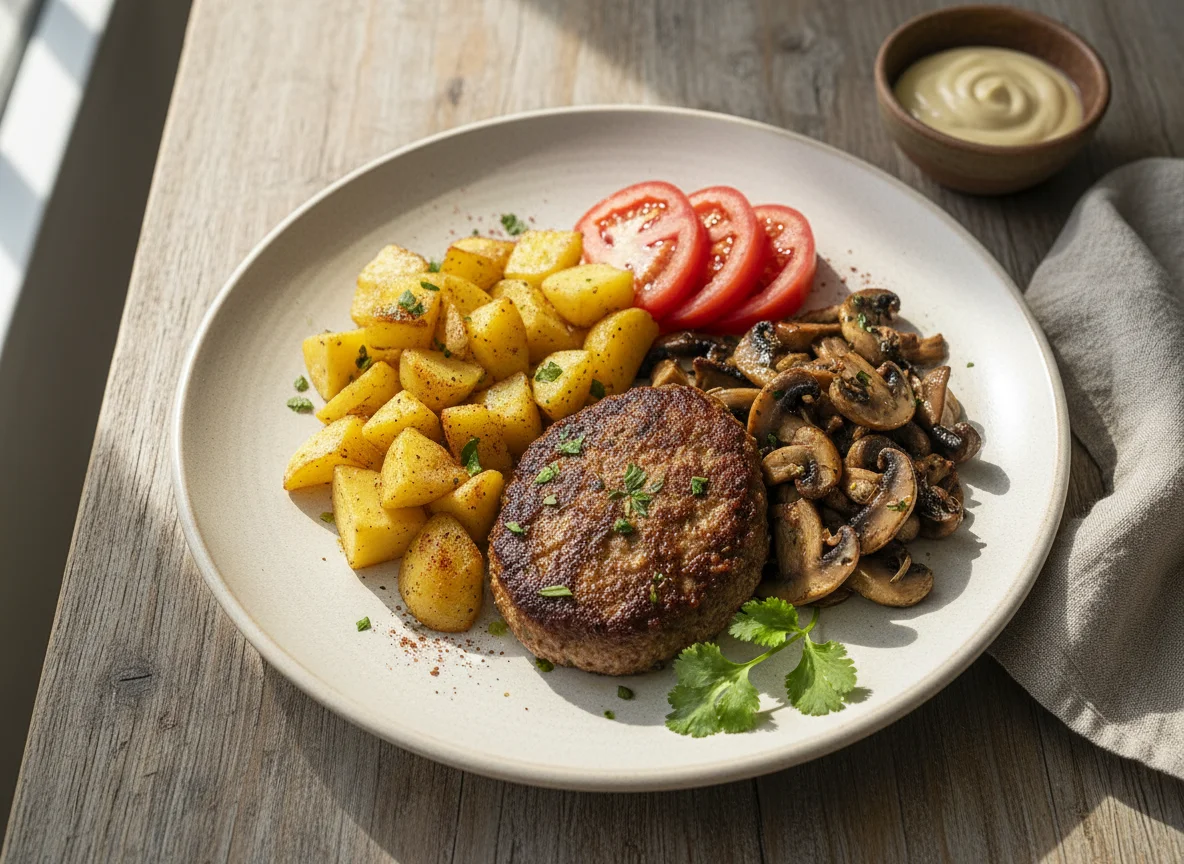 Plato de carne molida con papas y champiñones photo