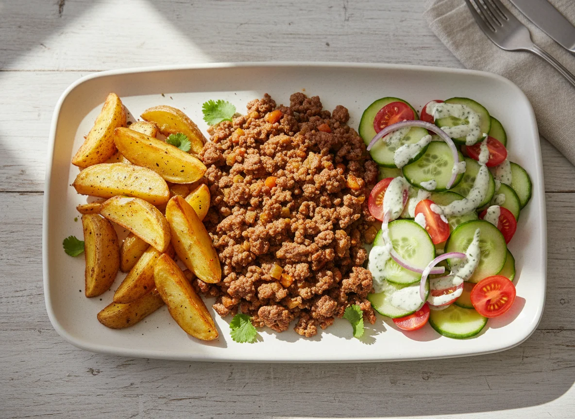 Plato de carne molida con papas y ensalada photo