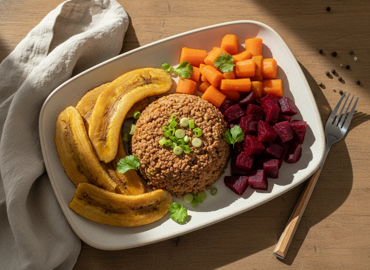 Plato de carne molida con vegetales y plátano photo