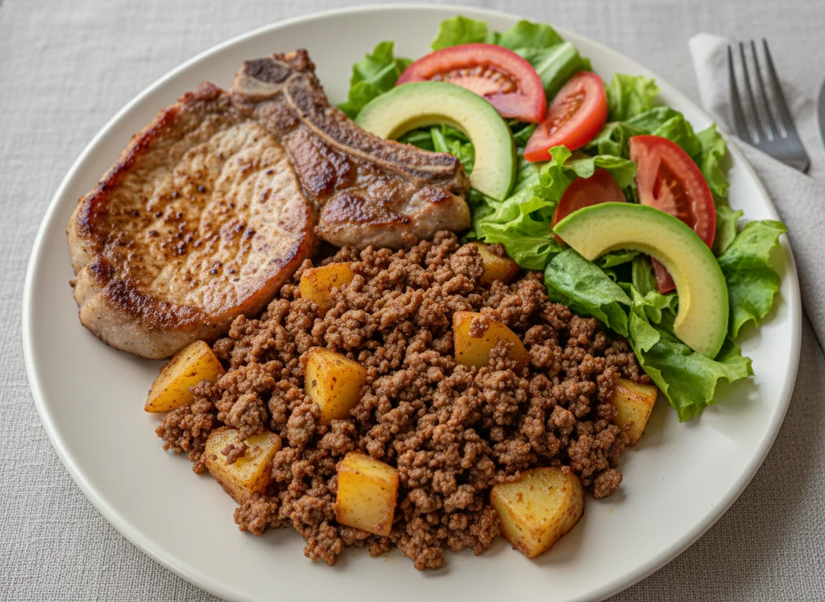 Plato de carne molida y cerdo con ensalada photo