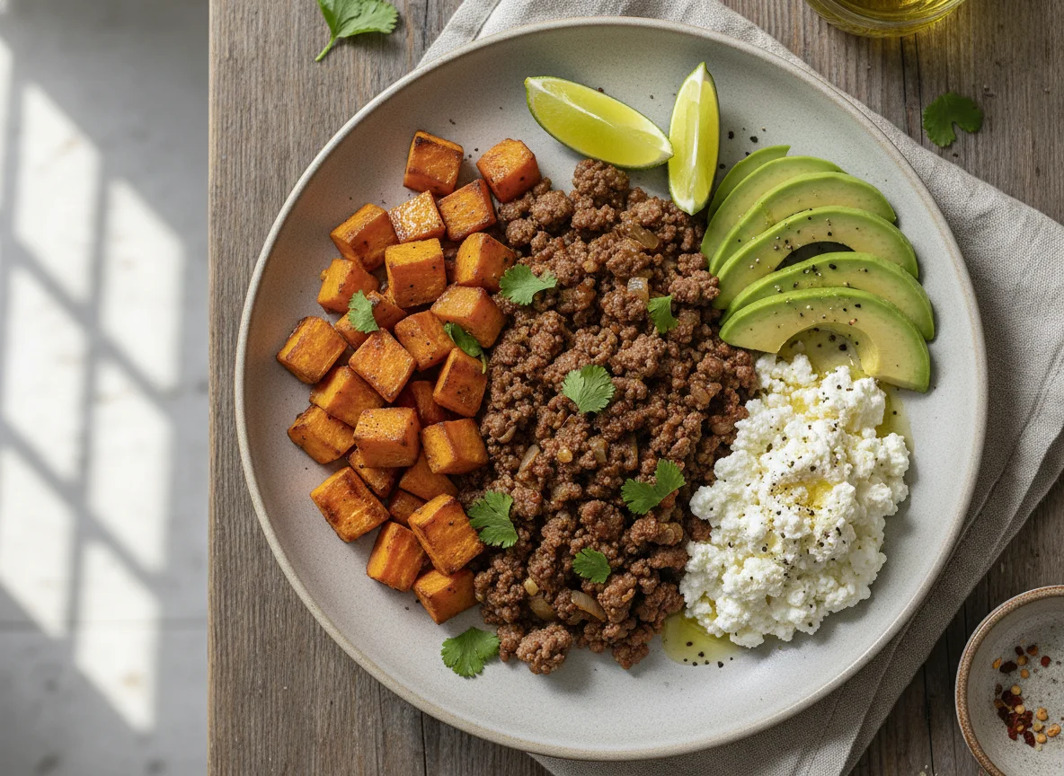 Plato de carne picada, boniato, aguacate y queso cottage photo