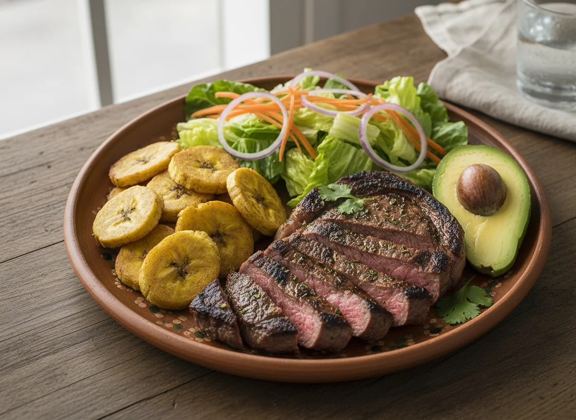 Plato de carne, plátano, aguacate y ensalada photo