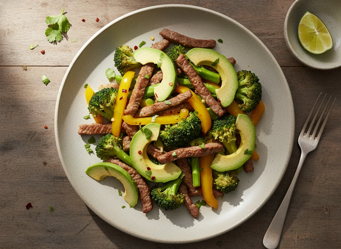 Plato de carne salteada con brócoli y aguacate photo
