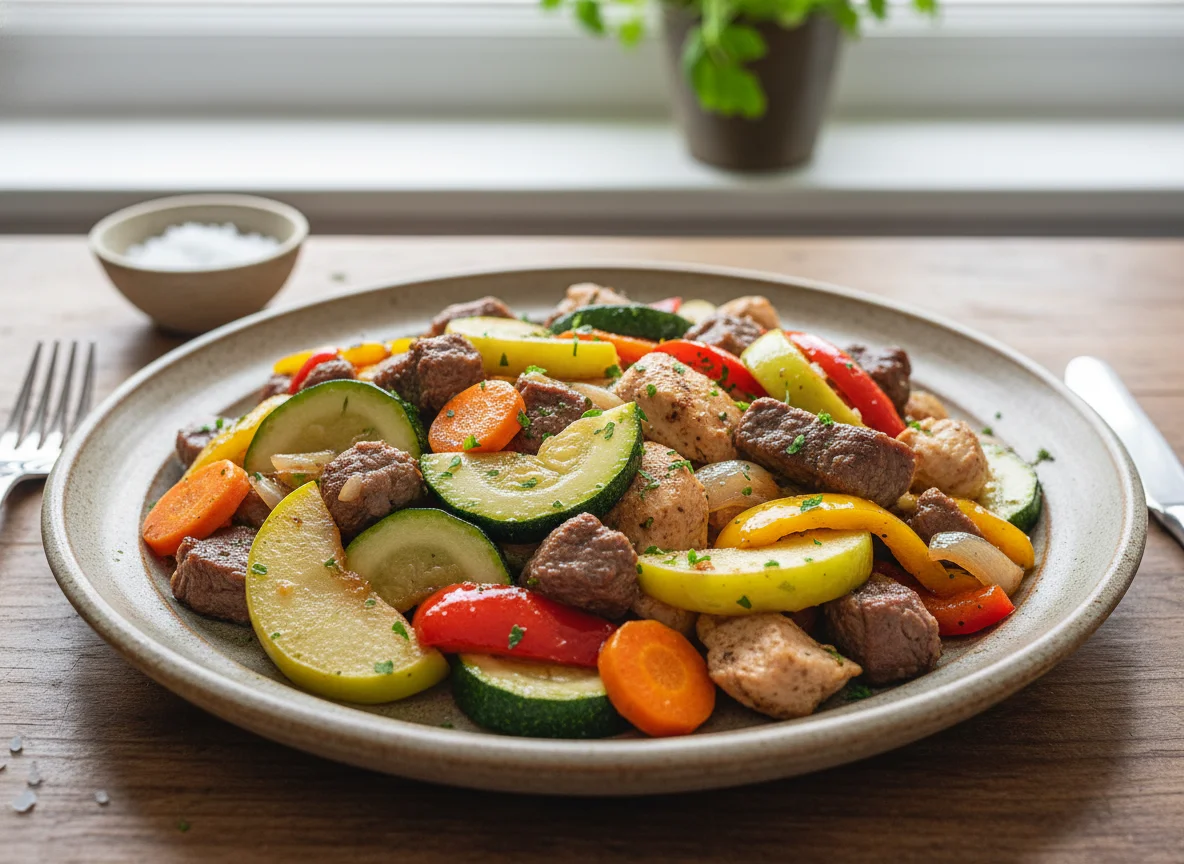 Plato de carne y verduras salteadas photo