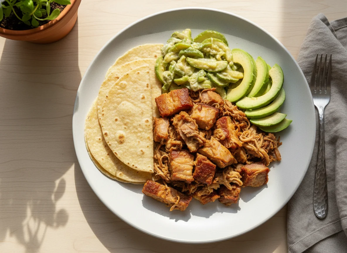 Plato de carnitas con calabacitas y aguacate photo