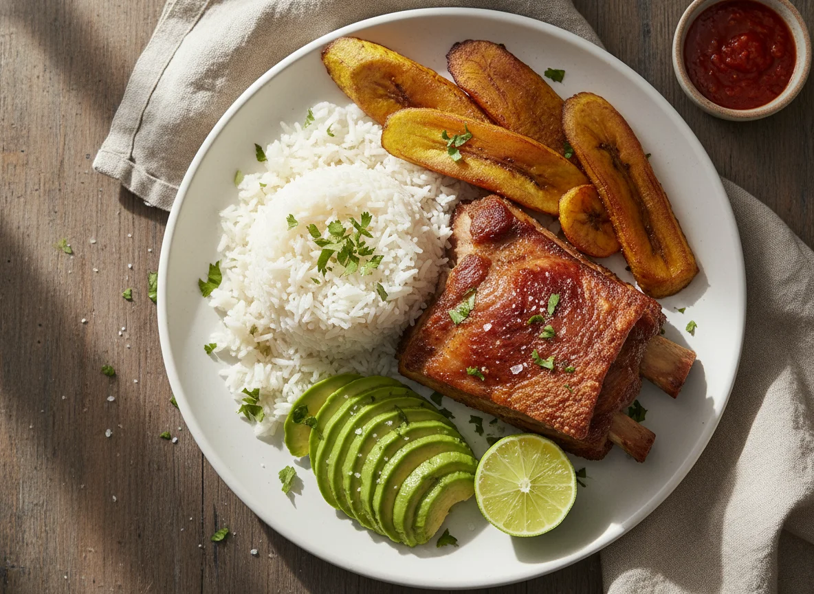 Plato de cerdo asado con arroz, plátano frito y aguacate photo