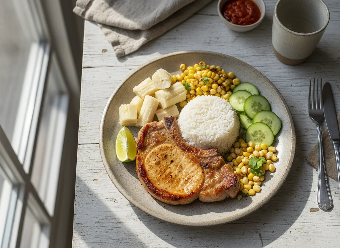 Plato de cerdo con arroz y guarniciones photo
