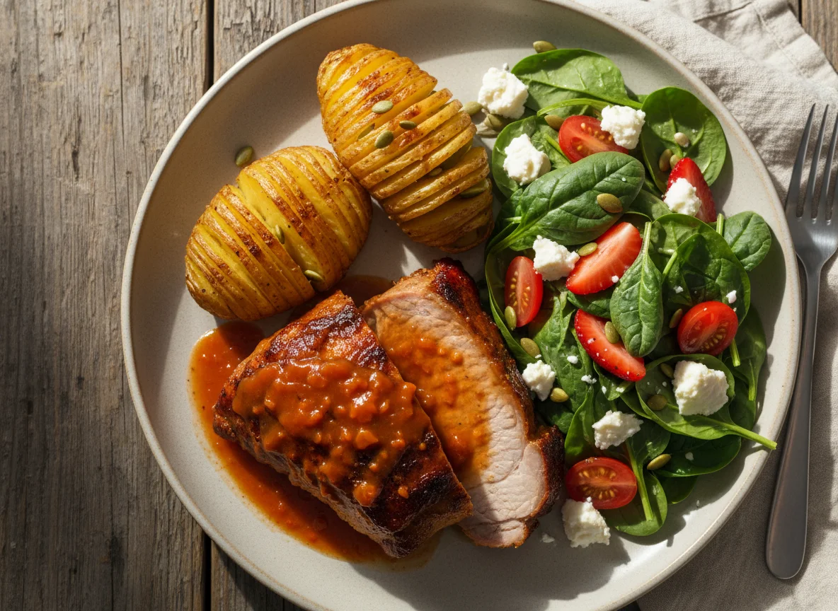 Plato de cerdo con ensalada y papa hasselback photo