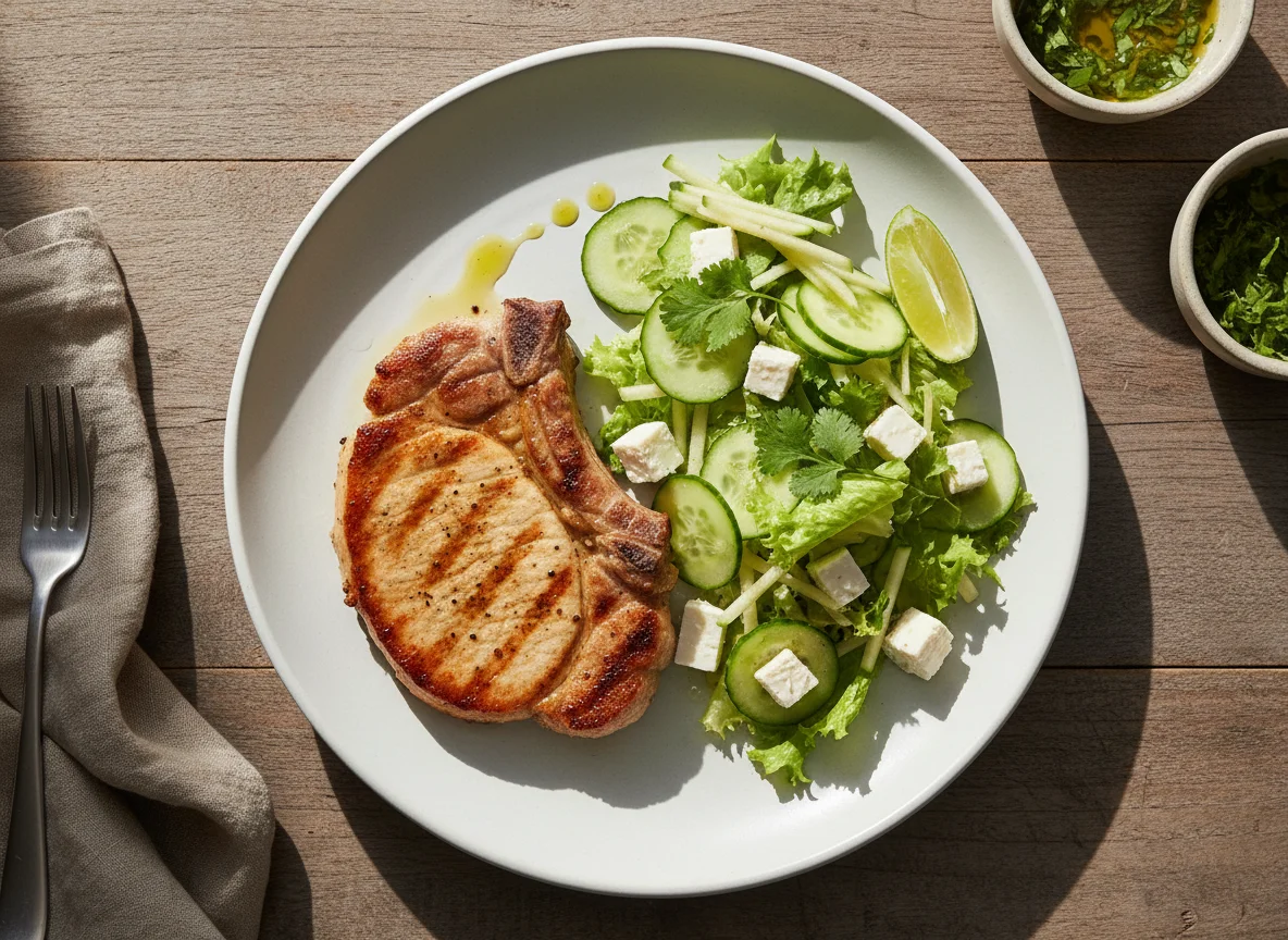 Plato de cerdo con ensalada y queso photo
