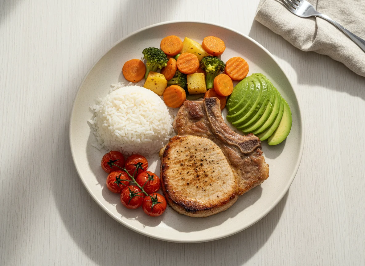 Plato de cerdo con vegetales y aguacate photo