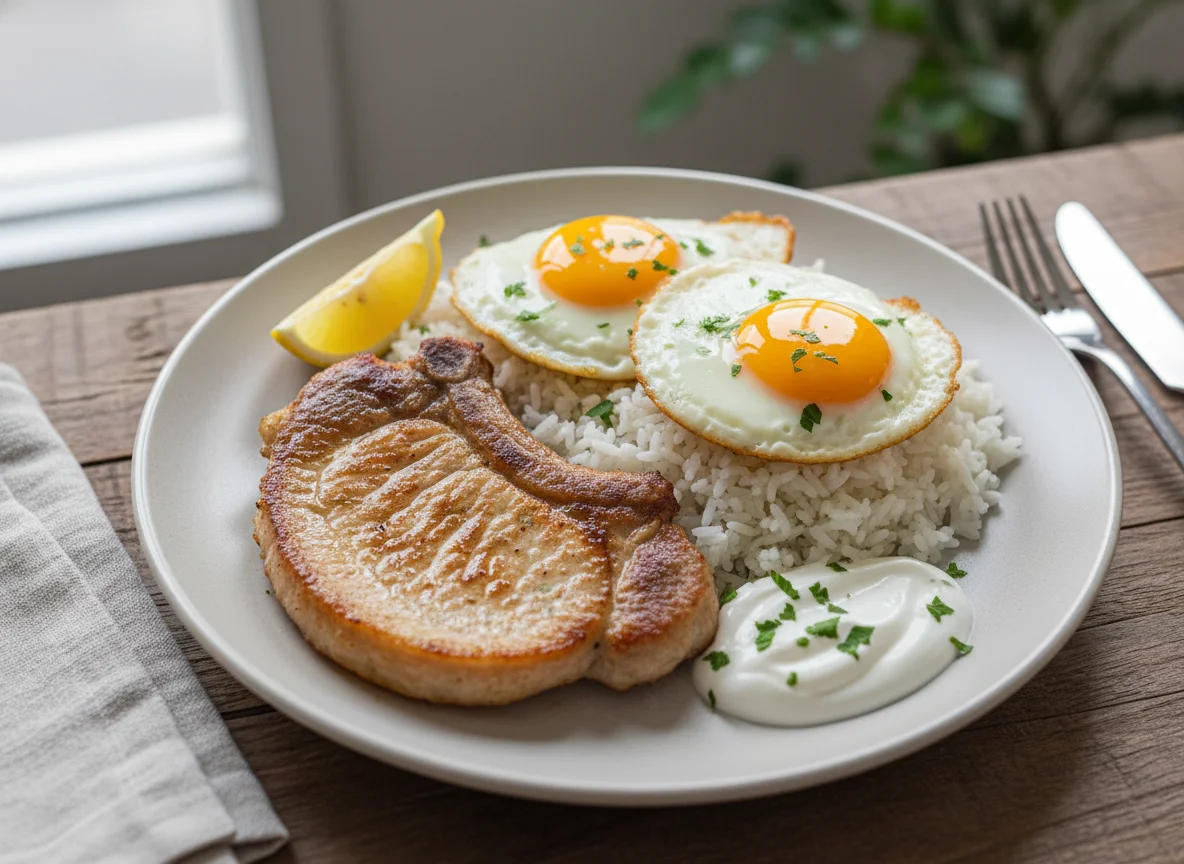 Plato de chuleta de cerdo, arroz y huevos fritos photo