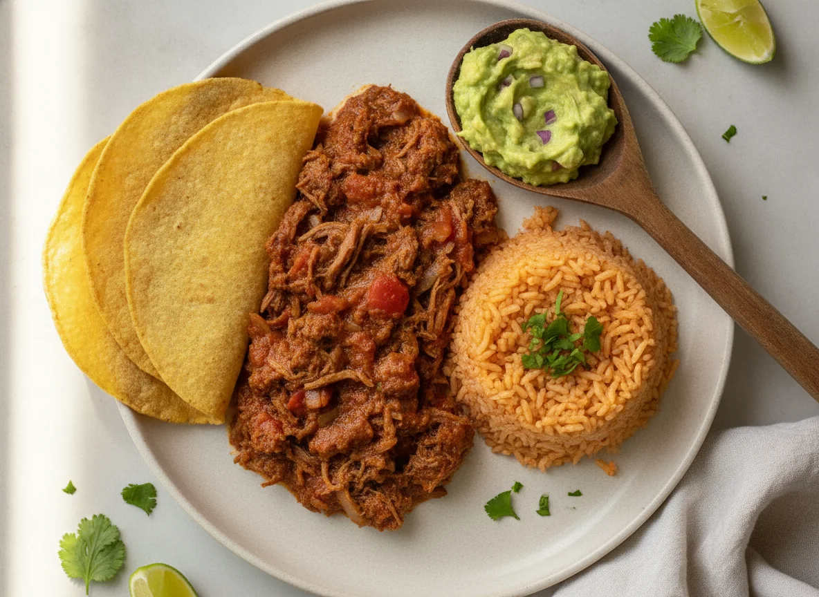 Plato de comida mexicana con carne deshebrada, arroz y tortilla photo