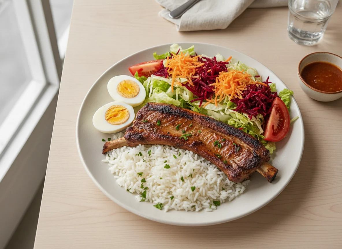 Plato de costilla de cerdo con huevos cocidos y ensalada photo