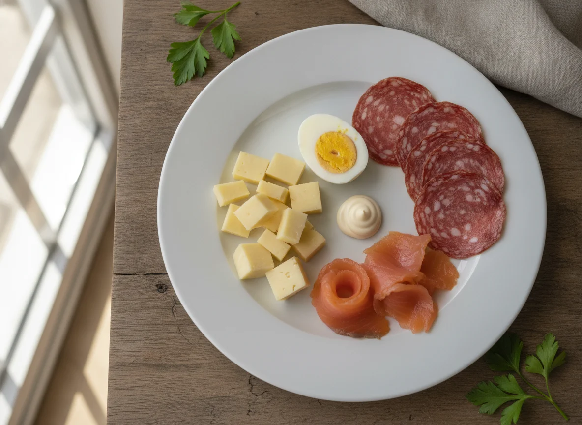 Plato de desayuno con huevo, embutidos y queso photo