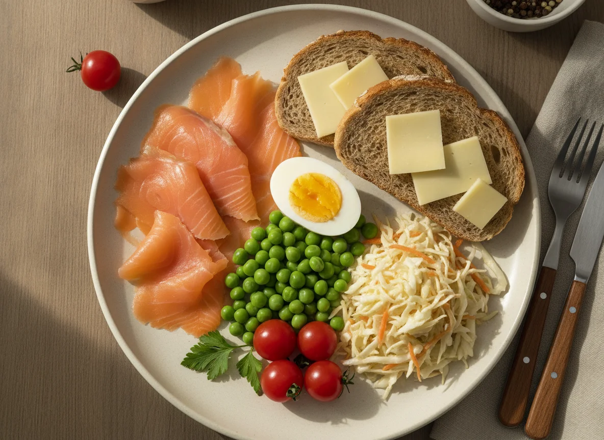 Plato de desayuno con salmón ahumado, pan integral y ensalada photo