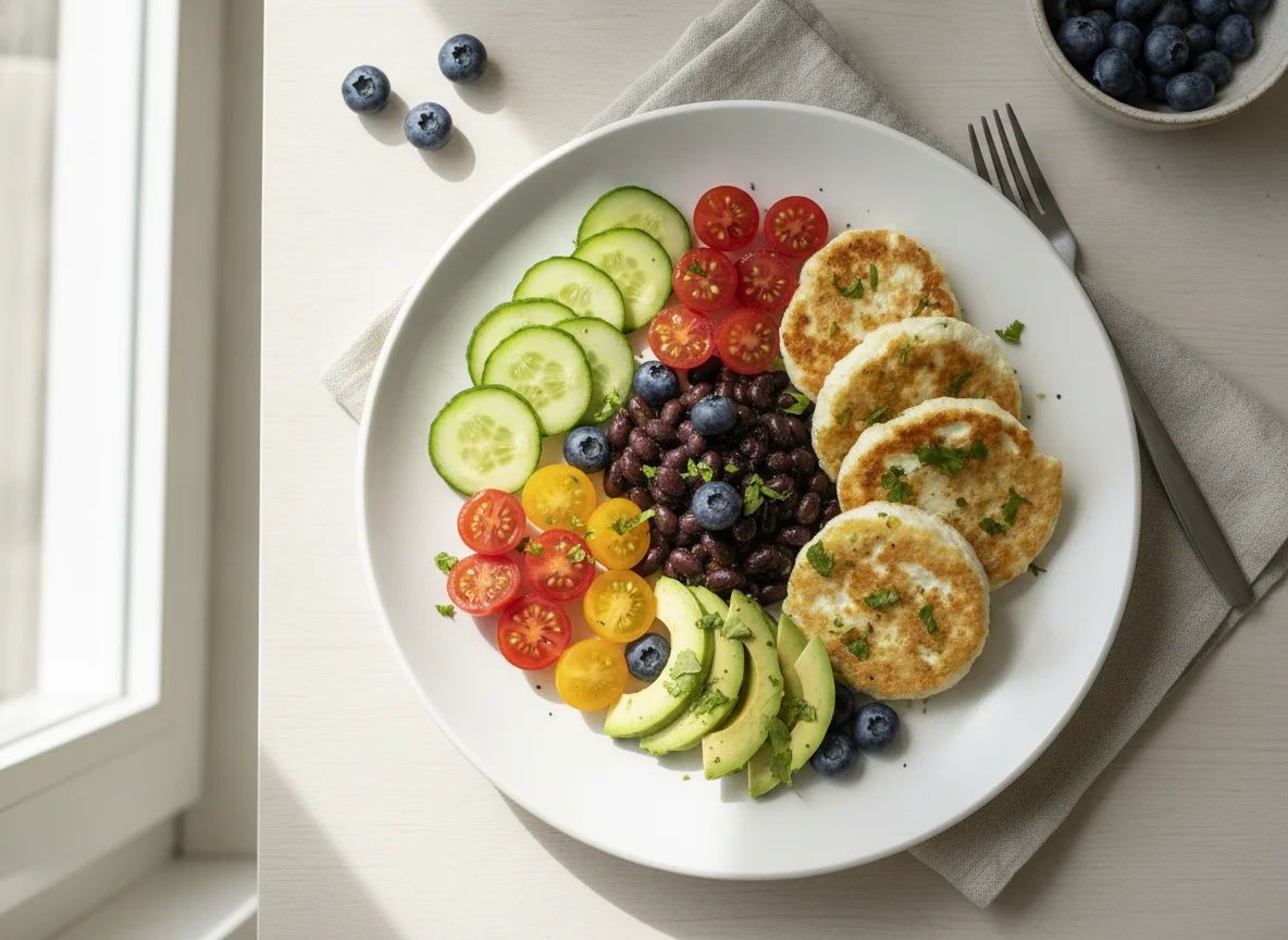 Plato de desayuno saludable con huevo y vegetales photo