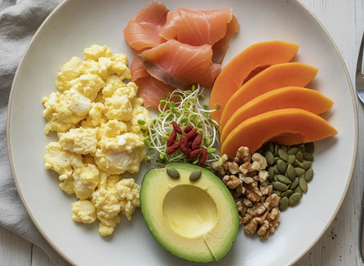 Plato de desayuno saludable con huevos, salmón y papaya photo