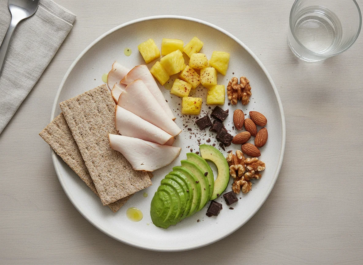 Plato de desayuno saludable con pavo, aguacate y piña photo