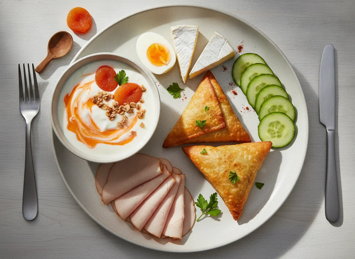 Plato de desayuno variado con yogur, huevos y embutidos photo
