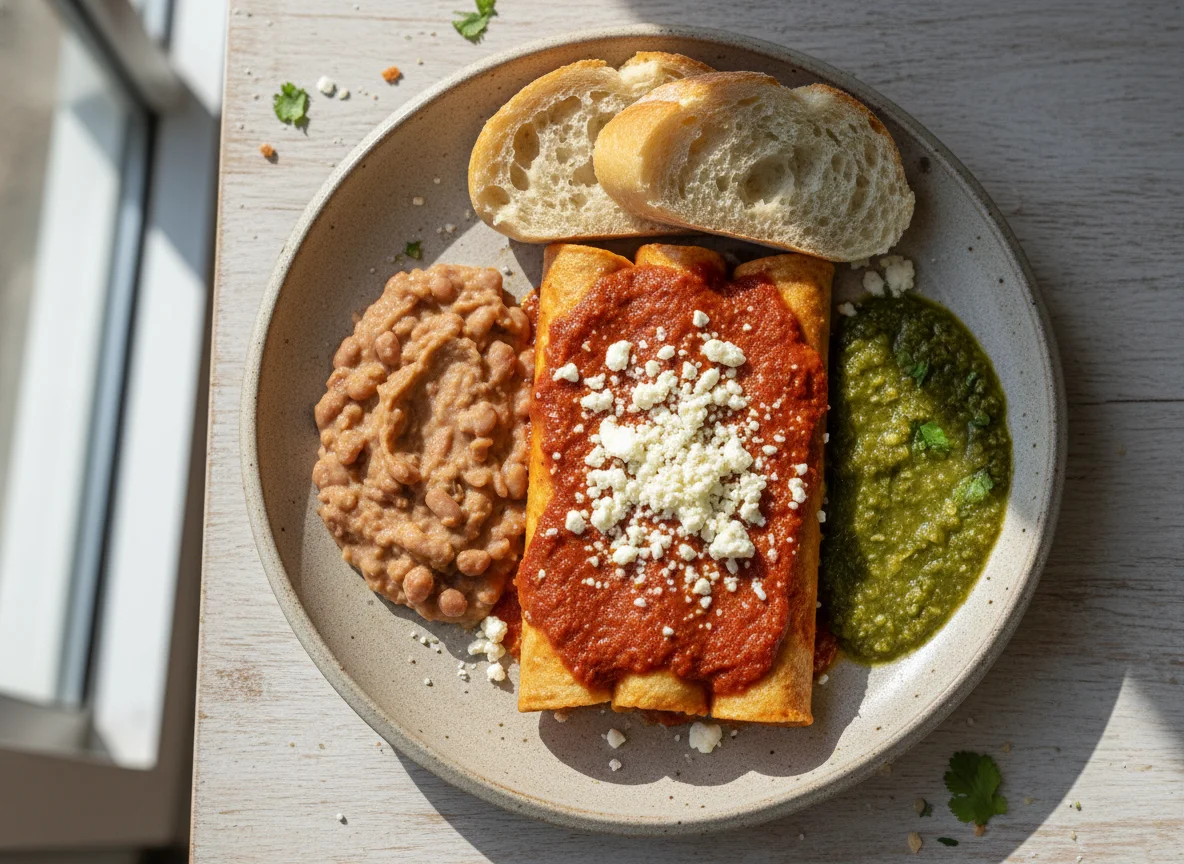 Plato de enchiladas con frijoles y salsa verde photo