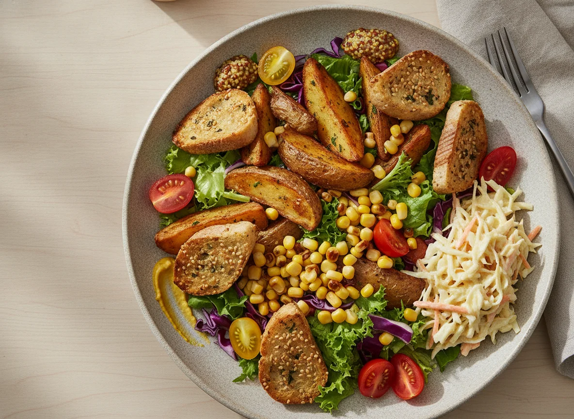 Plato de ensalada con patatas asadas y pan de sésamo photo