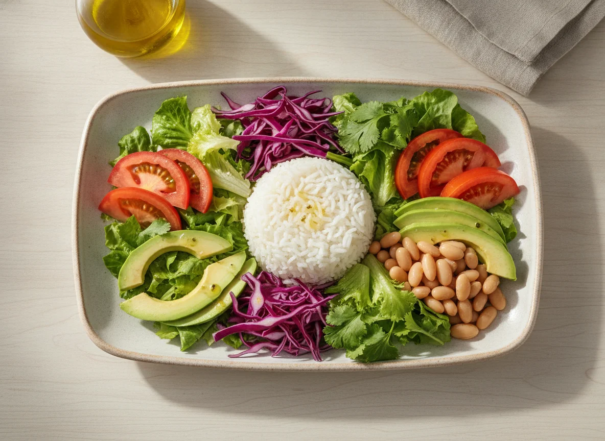 Plato de ensalada mixta con arroz y porotos photo