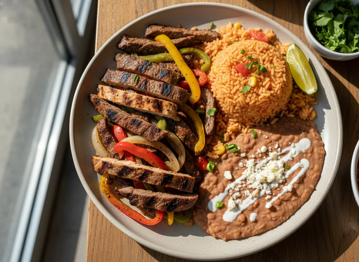 Plato de fajitas con arroz y frijoles photo