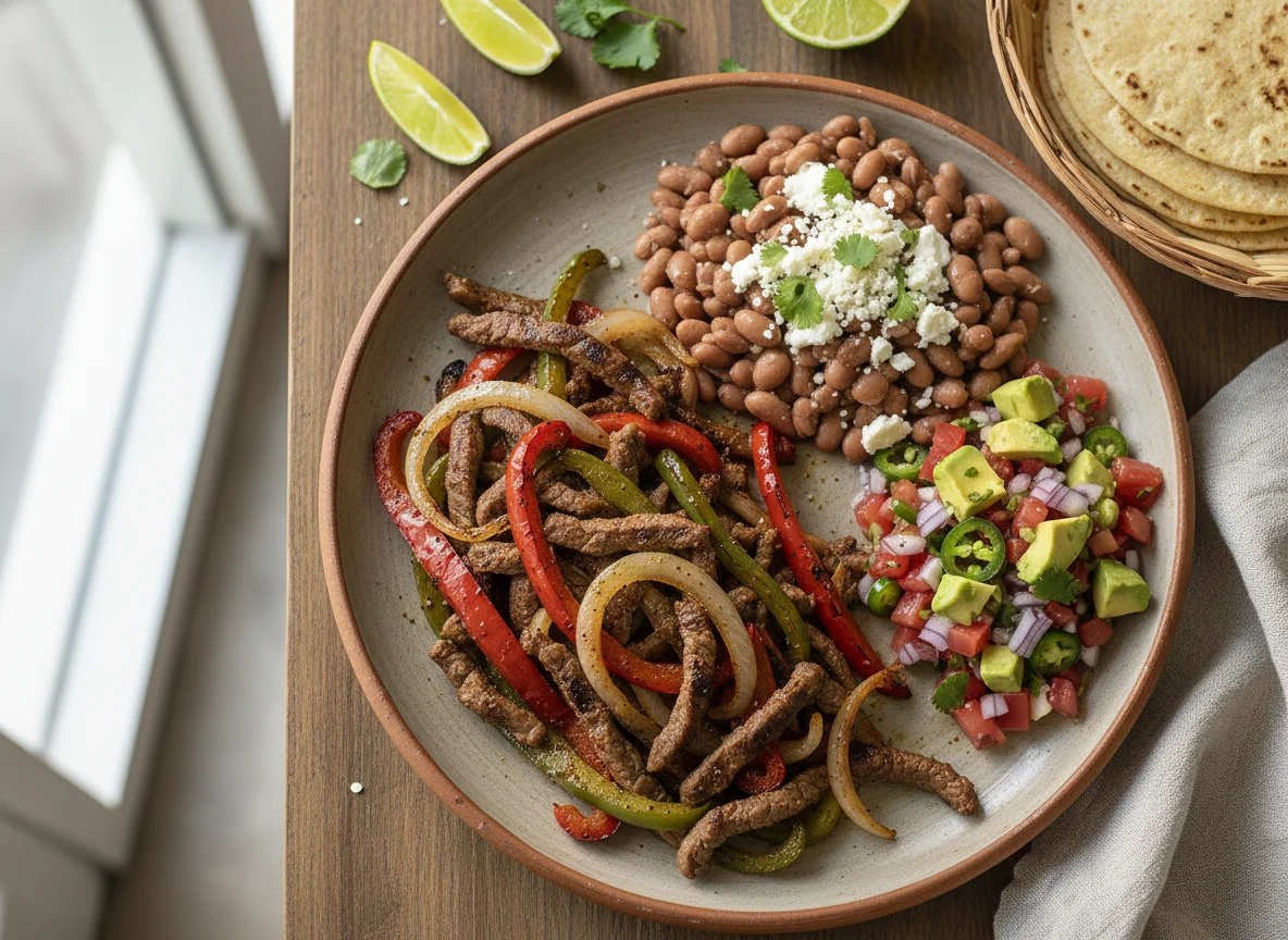 Plato de fajitas de res con frijoles y pico de gallo photo
