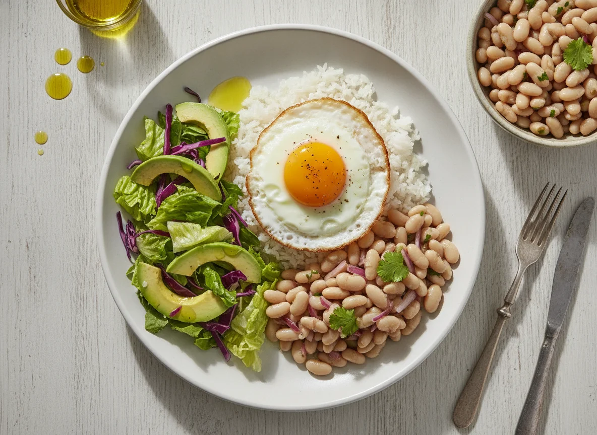 Plato de fondo con huevo frito, arroz y ensaladas photo