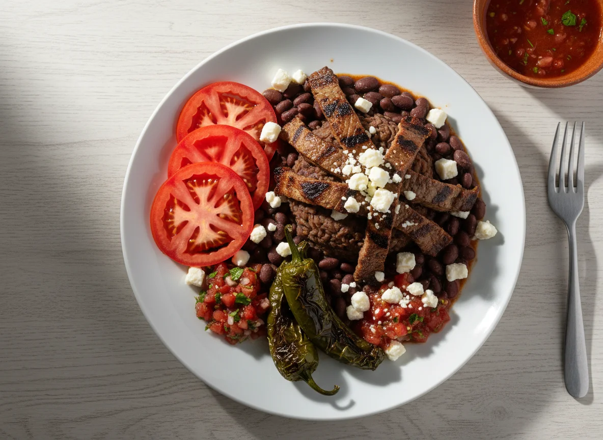 Plato de frijoles con carne y guarniciones photo