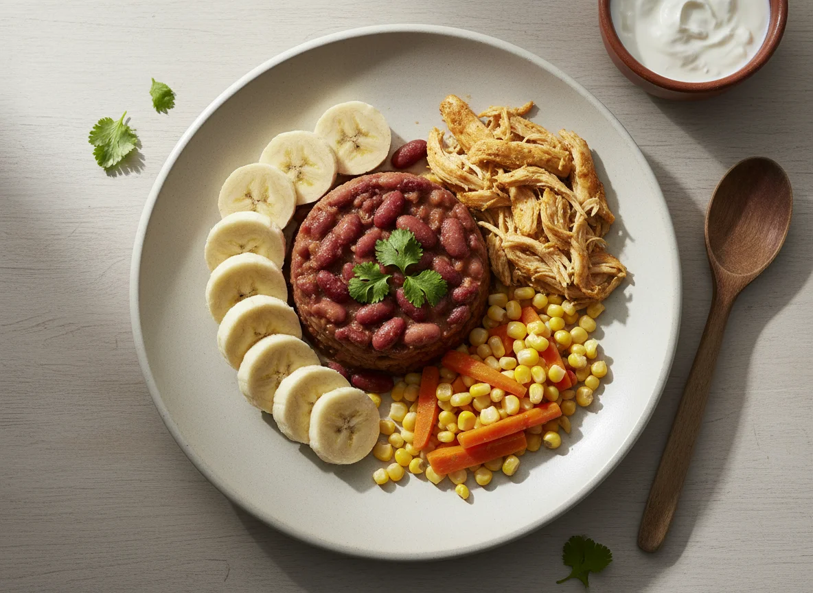 Plato de frijoles, plátano y pollo photo