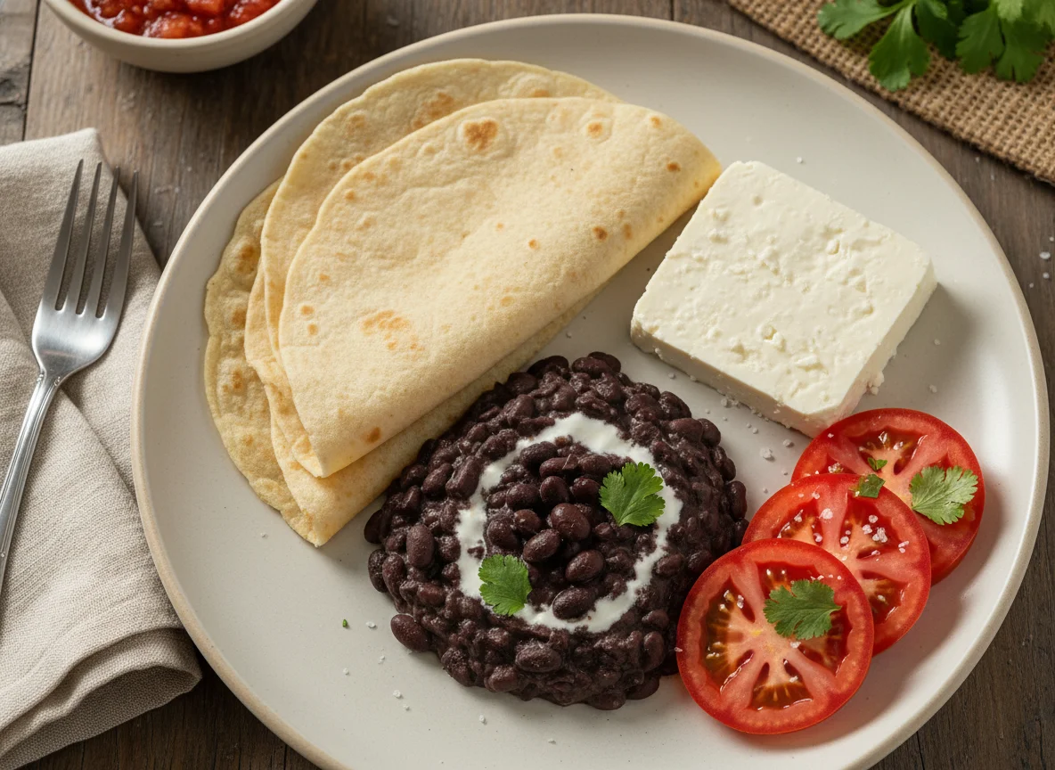Plato de frijoles, tortilla, queso y tomate photo