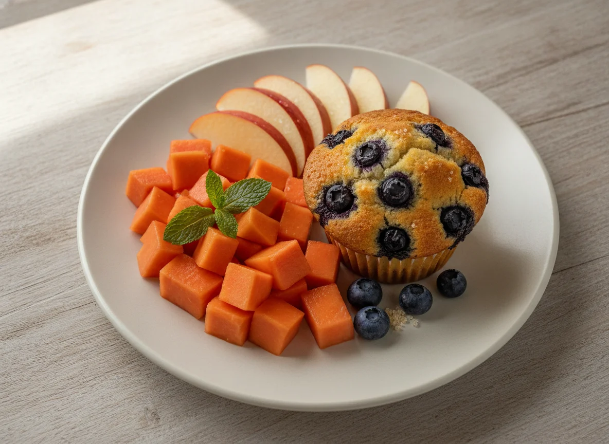 Plato de frutas con muffin de arándanos photo