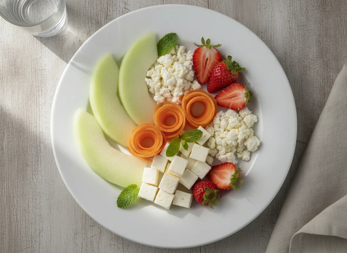 Plato de frutas con queso y requesón photo
