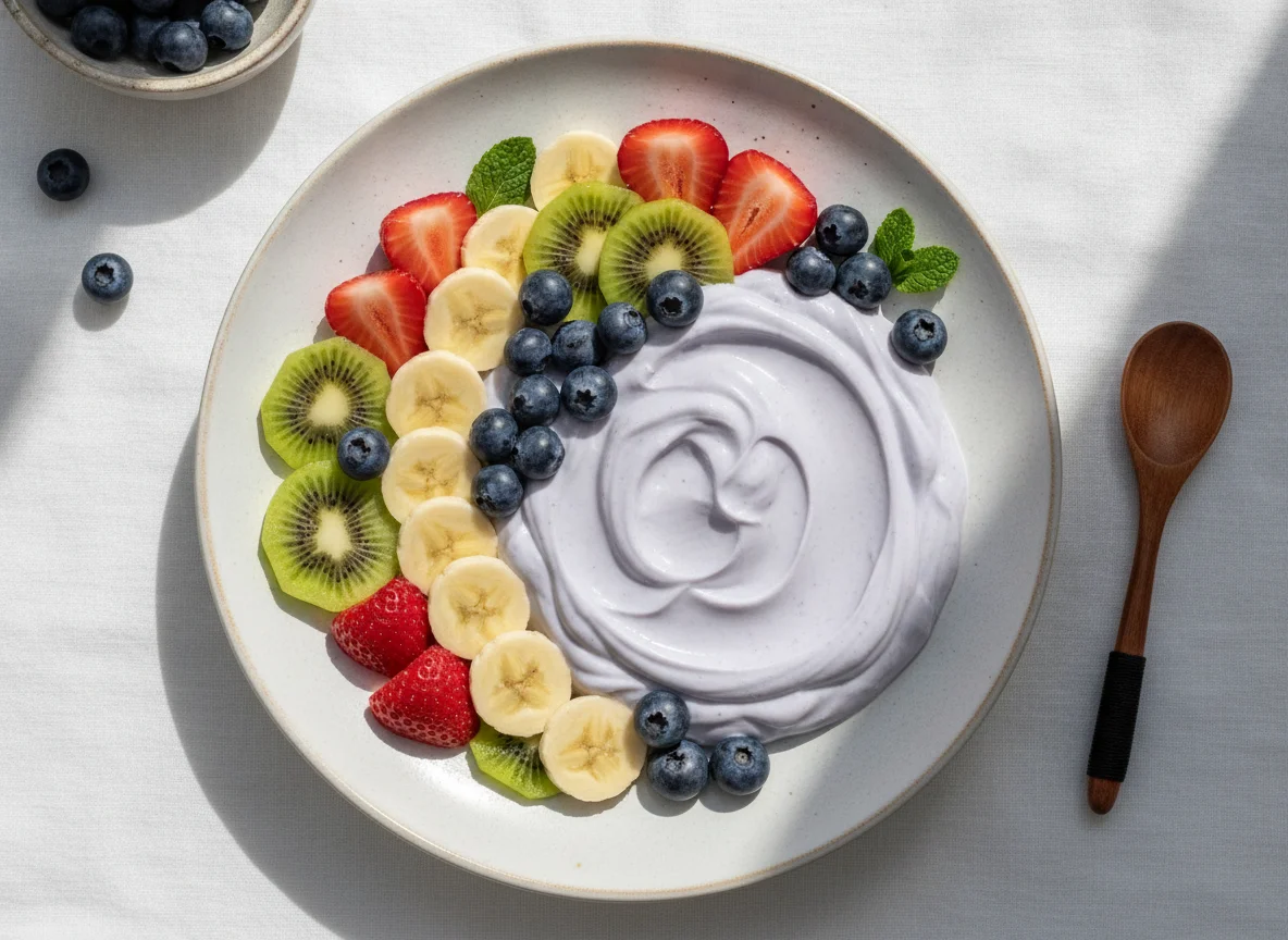 Plato de frutas con yogur de arándanos photo