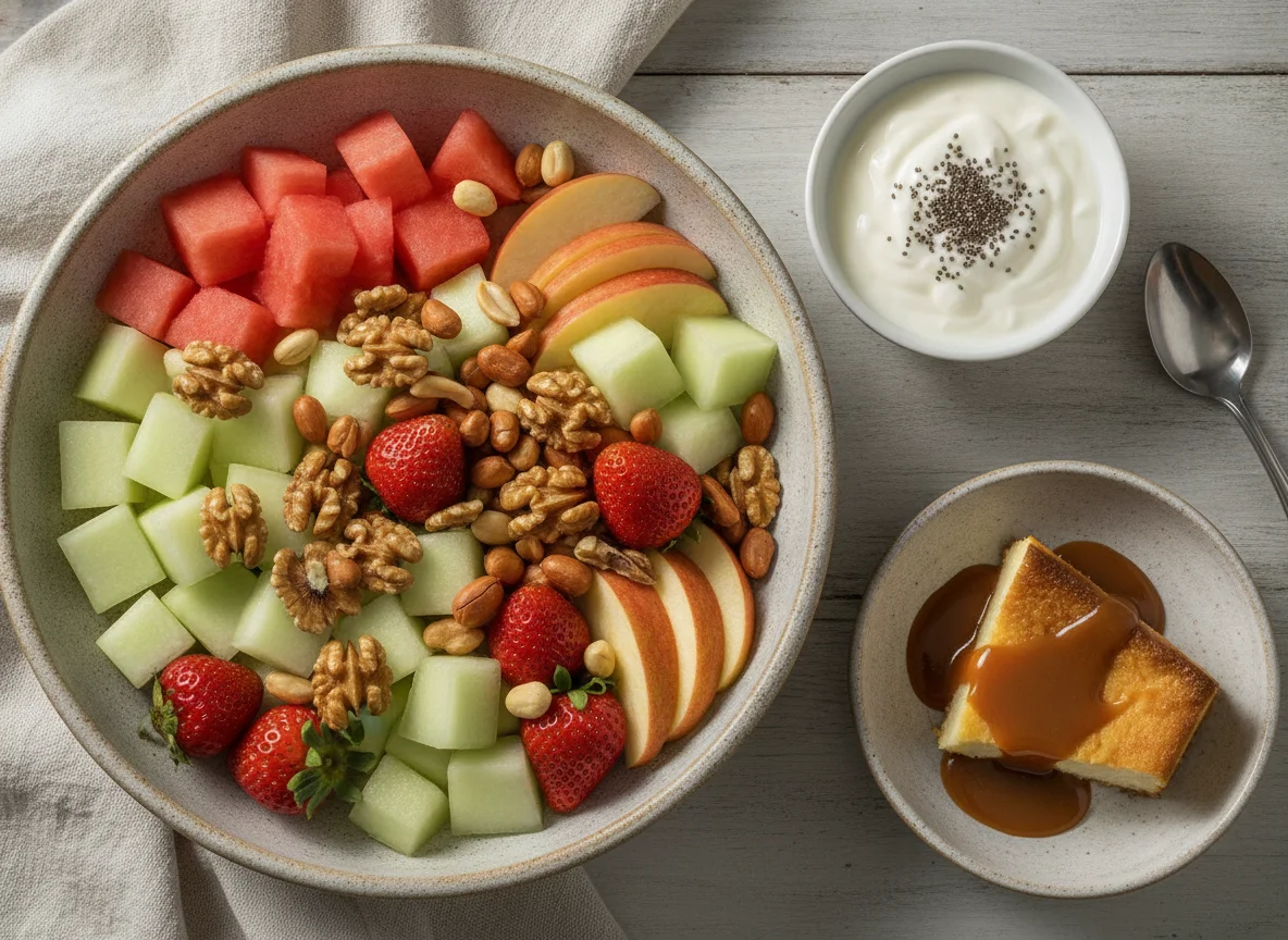 Plato de frutas variadas con frutos secos, yogurt y postre de leche photo