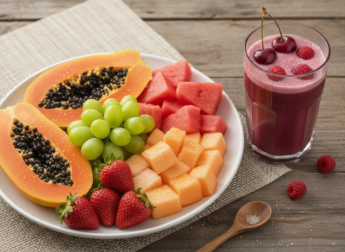 Plato de frutas variadas y bebida de proteína photo