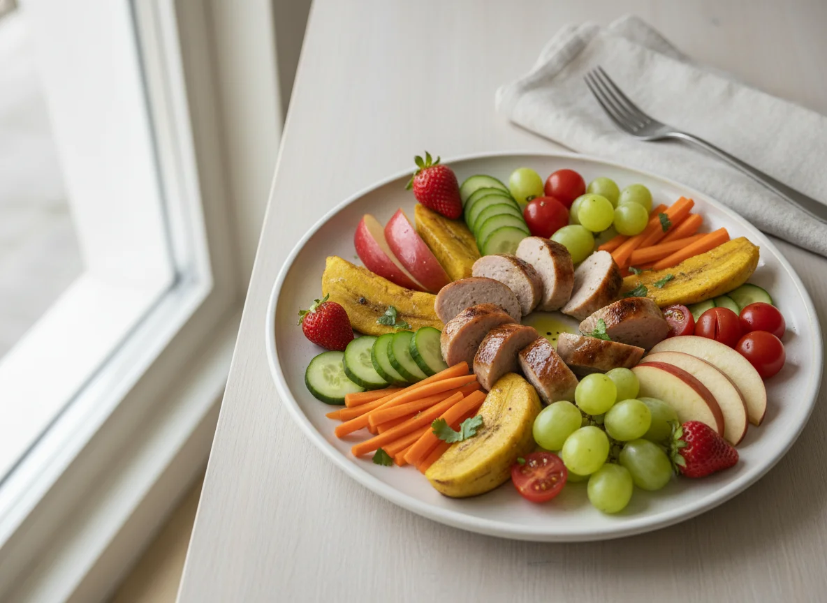 Plato de frutas y verduras con salchicha photo